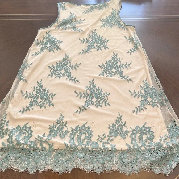 Max Studio Lace Embroidered A-Line Dress – Beige & Teal Floral Size S - Picture 9 of 14